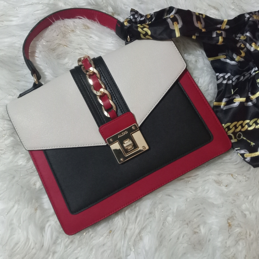 Aldo Women's Red,navy and cream Handbag with shoulder strap and scarf